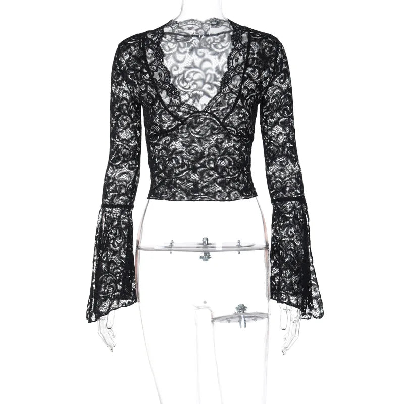 Deep V Lace Top with See-through Flare Sleeves for Party Outfits