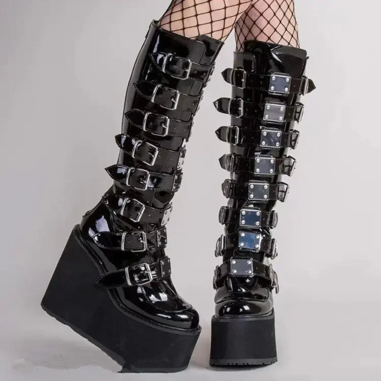 Women's Black High Heel Platform Wedge Gothic Knee-High Boots