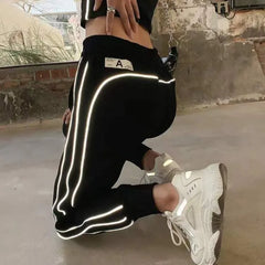 Summer Women’s Spliced High Waist Casual Pants with Reflective Stripes