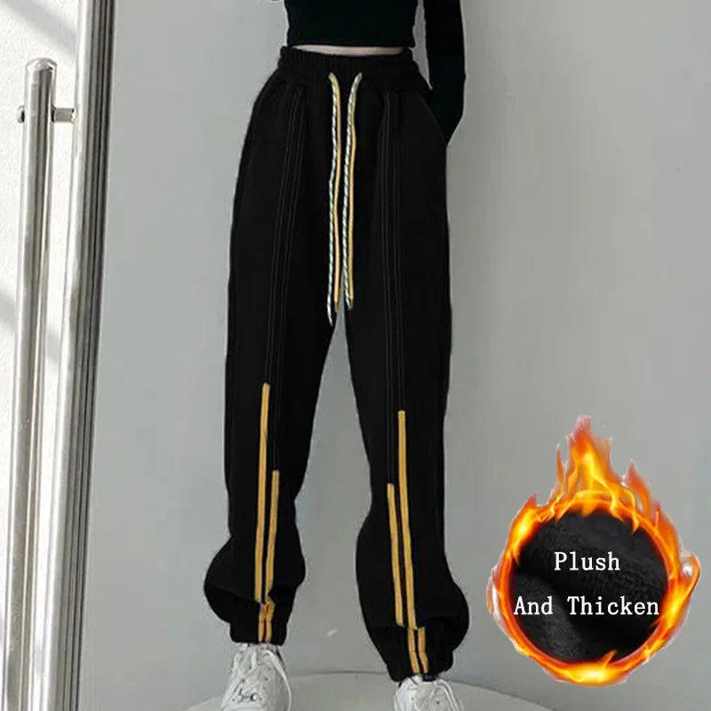 Plush Thicken Casual Drawstring Striped High Waist Pants for Women