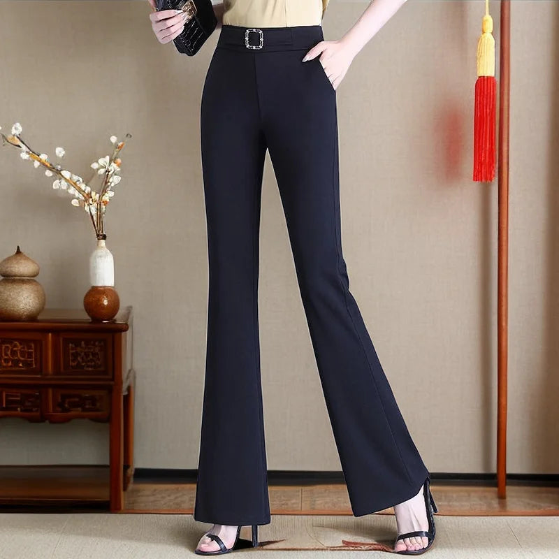 Women's Solid Color High Waisted Casual Flared Pants with Pockets