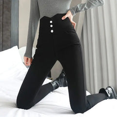 Women's High Waist Solid Color Patchwork Pencil Pants with Pockets