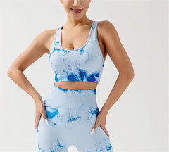 Ensemble de yoga sans coutures tie dye pêche avec pantalon rehaussant les hanches et soutien-gorge