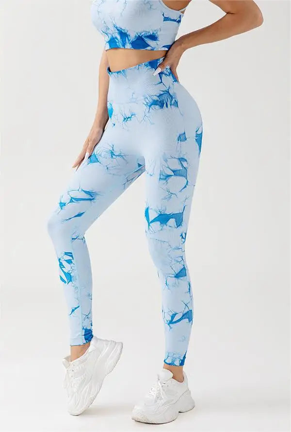 Ensemble de yoga sans coutures tie dye pêche avec pantalon rehaussant les hanches et soutien-gorge