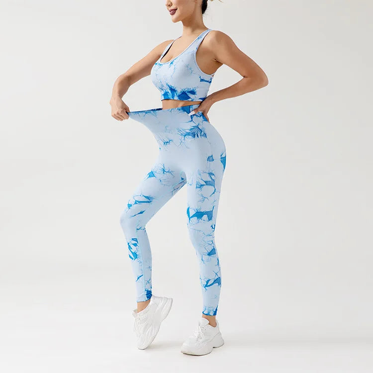 Ensemble de yoga sans coutures tie dye pêche avec pantalon rehaussant les hanches et soutien-gorge