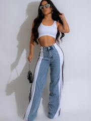 Women’s Striped Denim Loose Pants with Buttons and Pockets