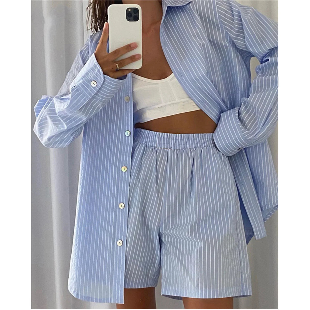 Women's Stripe Long Sleeve Top and High Waisted Shorts Set