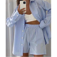 Women's Stripe Long Sleeve Top and High Waisted Shorts Set