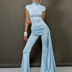 Women’s Solid Color Ruched Turtleneck Jumpsuit with Flare Pants