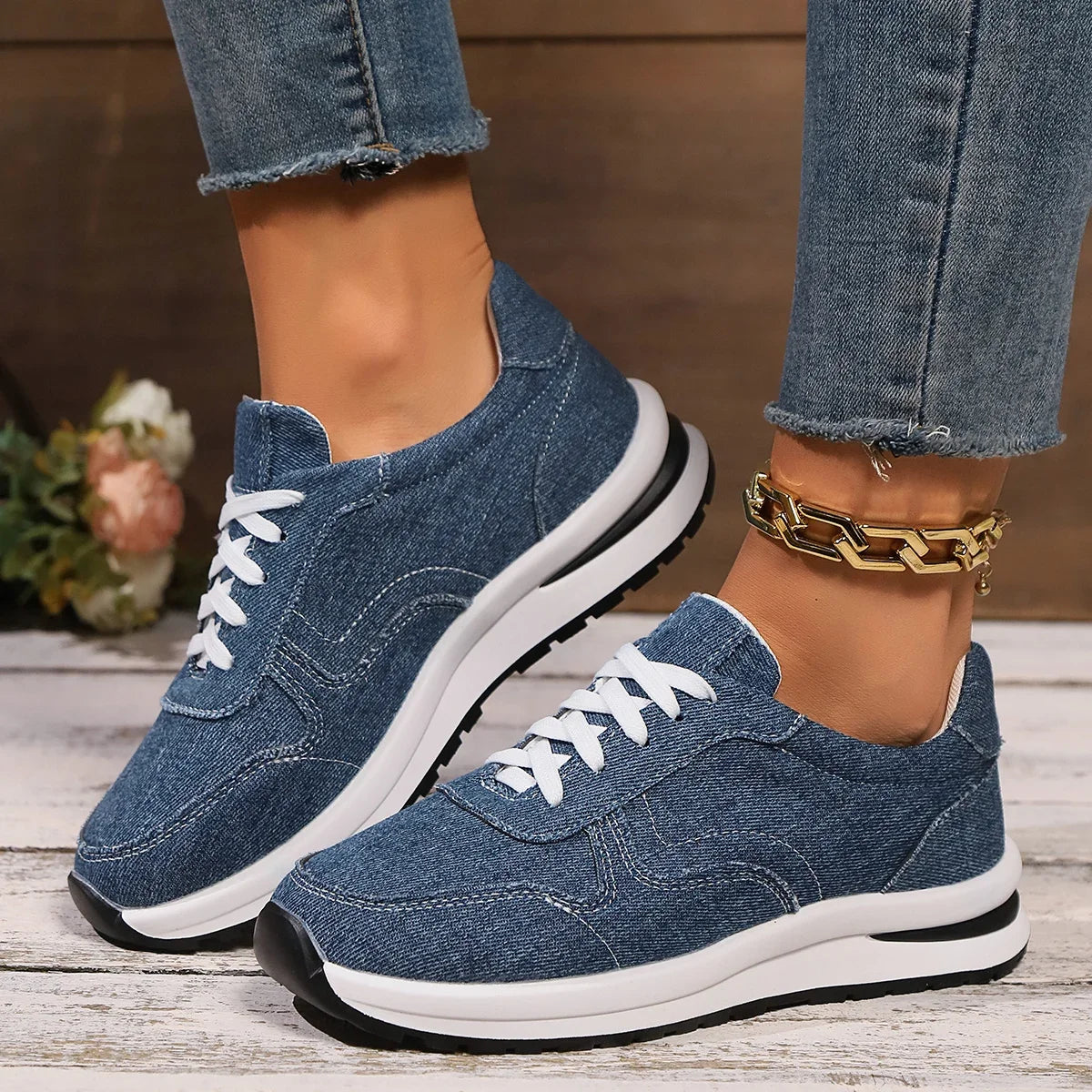 Women's Black Denim Platform Sneakers with Thick Sole and Lace-Up Design