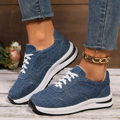 Women's Black Denim Platform Sneakers with Thick Sole and Lace-Up Design