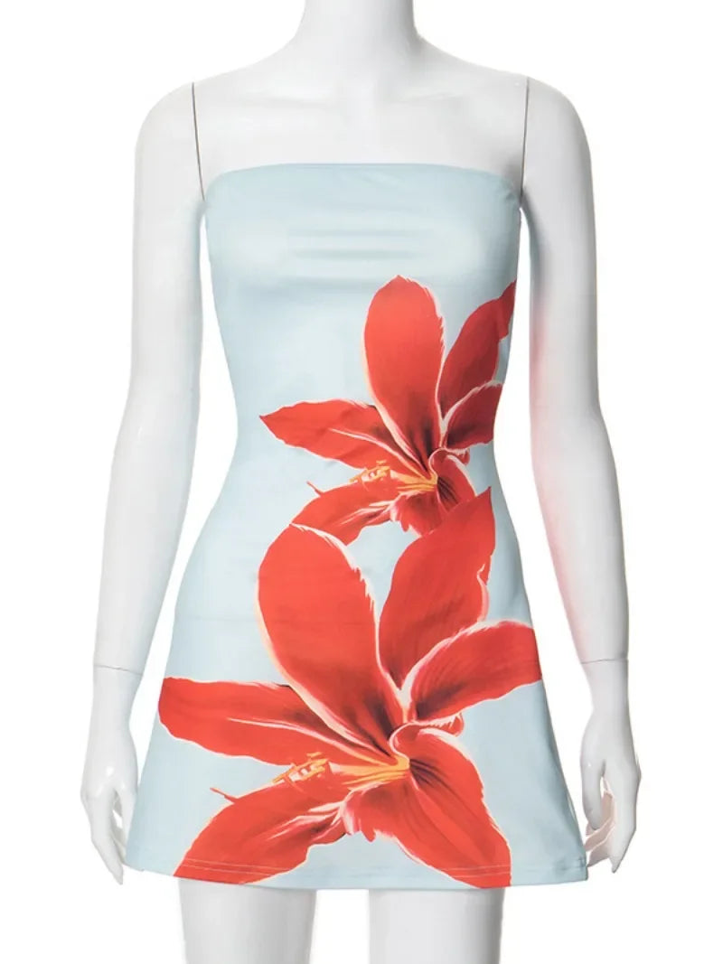 Fashion Floral Print Sleeveless Mini Dress for Casual Beach Wear