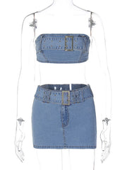 Women's Blue Denim Bandage Corset Top and Mini Skirt Set