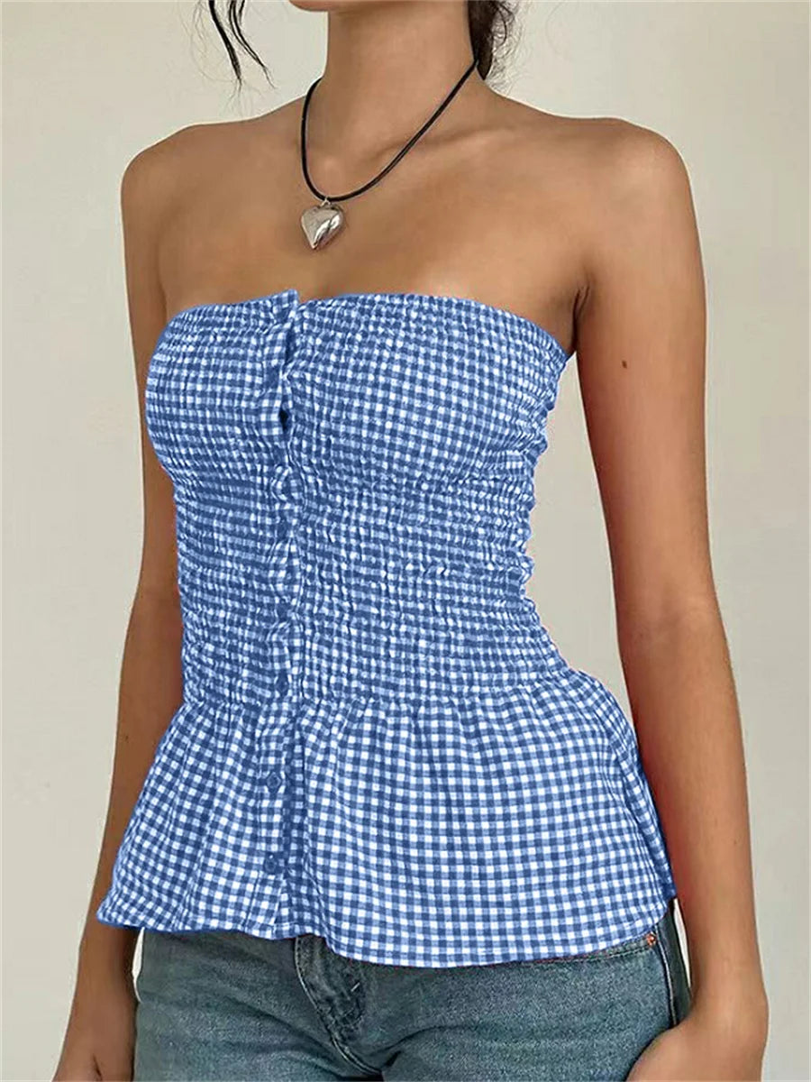 Women's Red Gingham Crop Top with Ruffle Hem and Button Detail