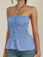 Women's Red Gingham Crop Top with Ruffle Hem and Button Detail