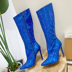 Women's Mirror Patent Leather Knee High Boots with Pointed Toe