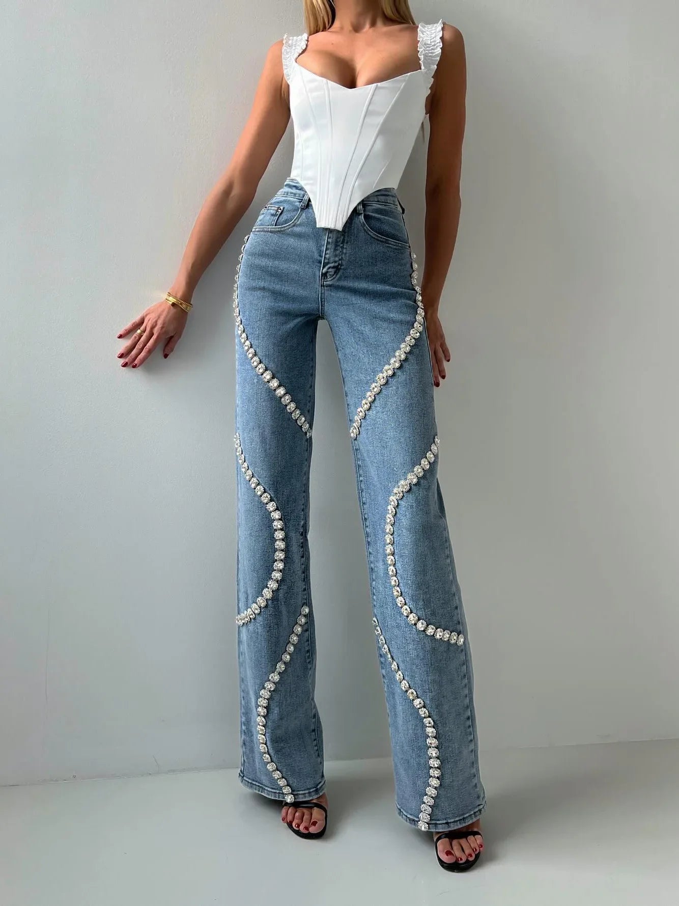 Design Surrounds Rhinestone Loose Straight Jeans for Women