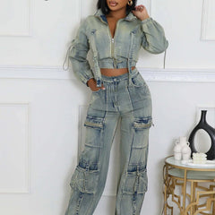 Women's Cargo Denim Two Piece Set with Zipper Jacket and Straight Jeans