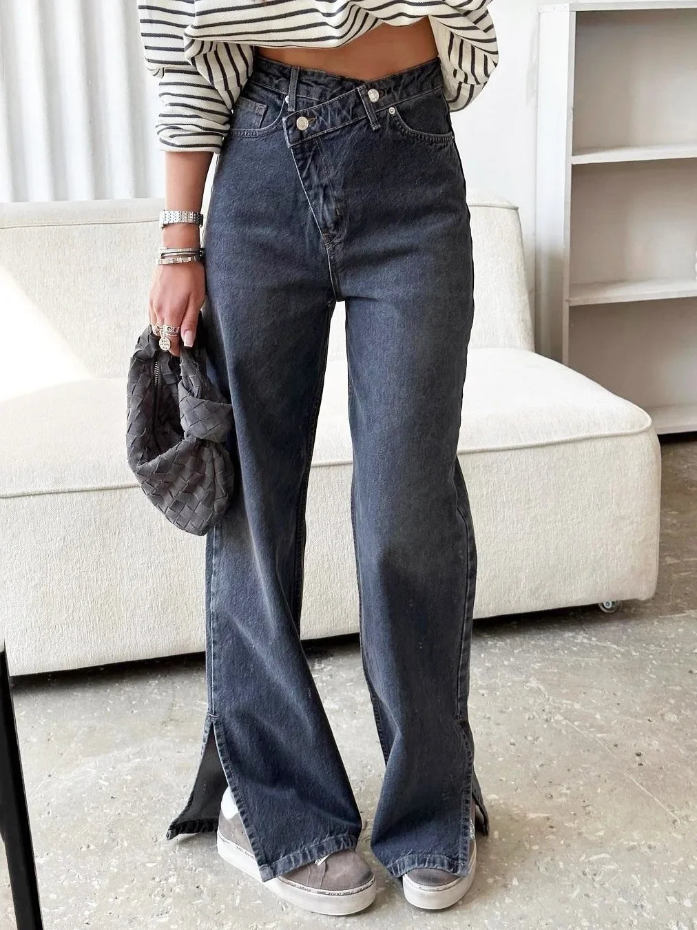 Pantalon en denim droit délavé taille haute pour femme