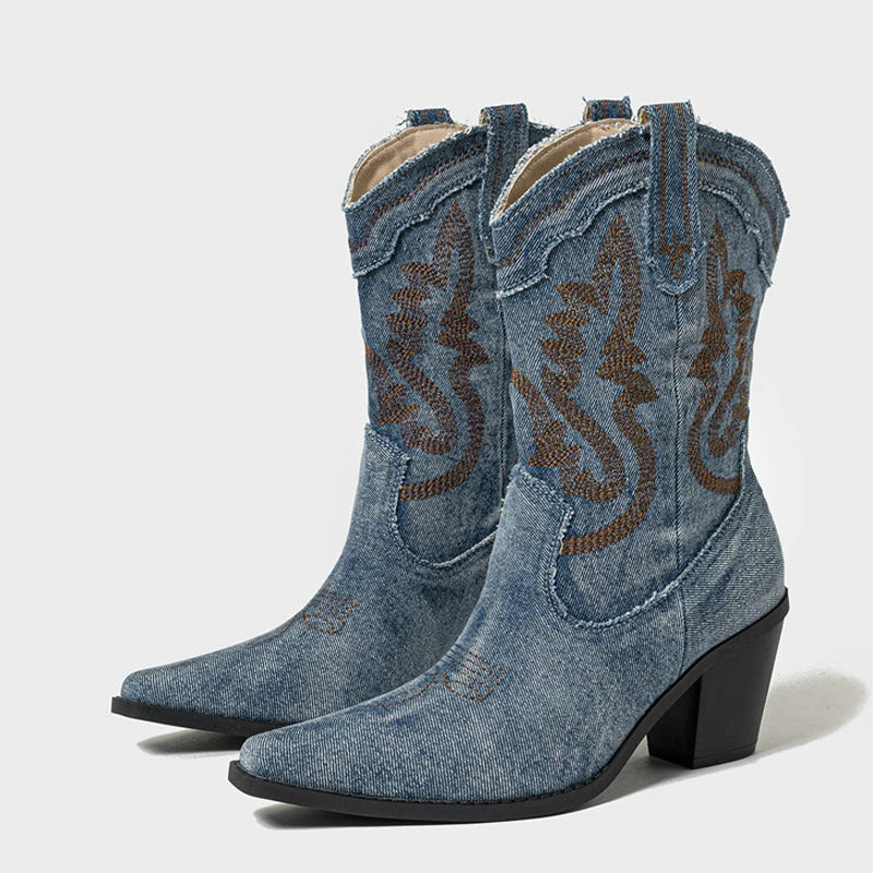 Comfy Vintage Women Embroidery Denim Western Cowboy Booties