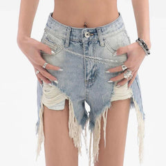 High Waist Ripped Denim Jean Shorts with Tassels for Women