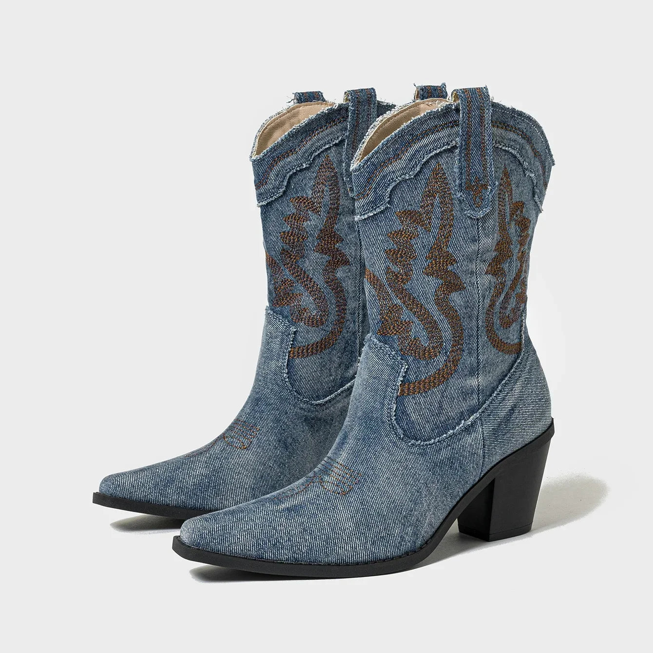 Women's Blue Embroidered Western Cowboy Ankle Boots Plus Size