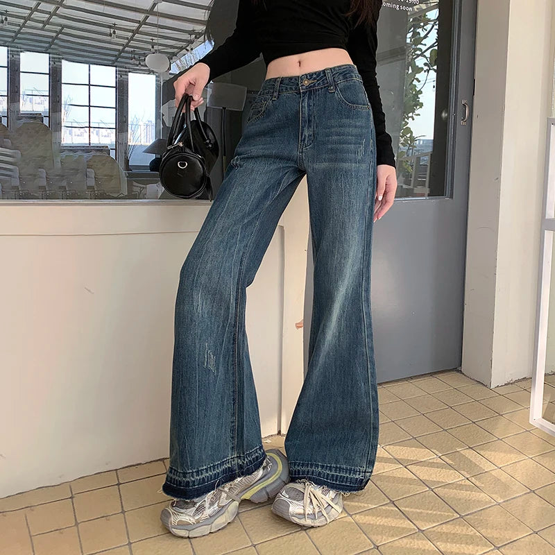 Women's High Waist Flare Jeans with Red Belt Loop Detail