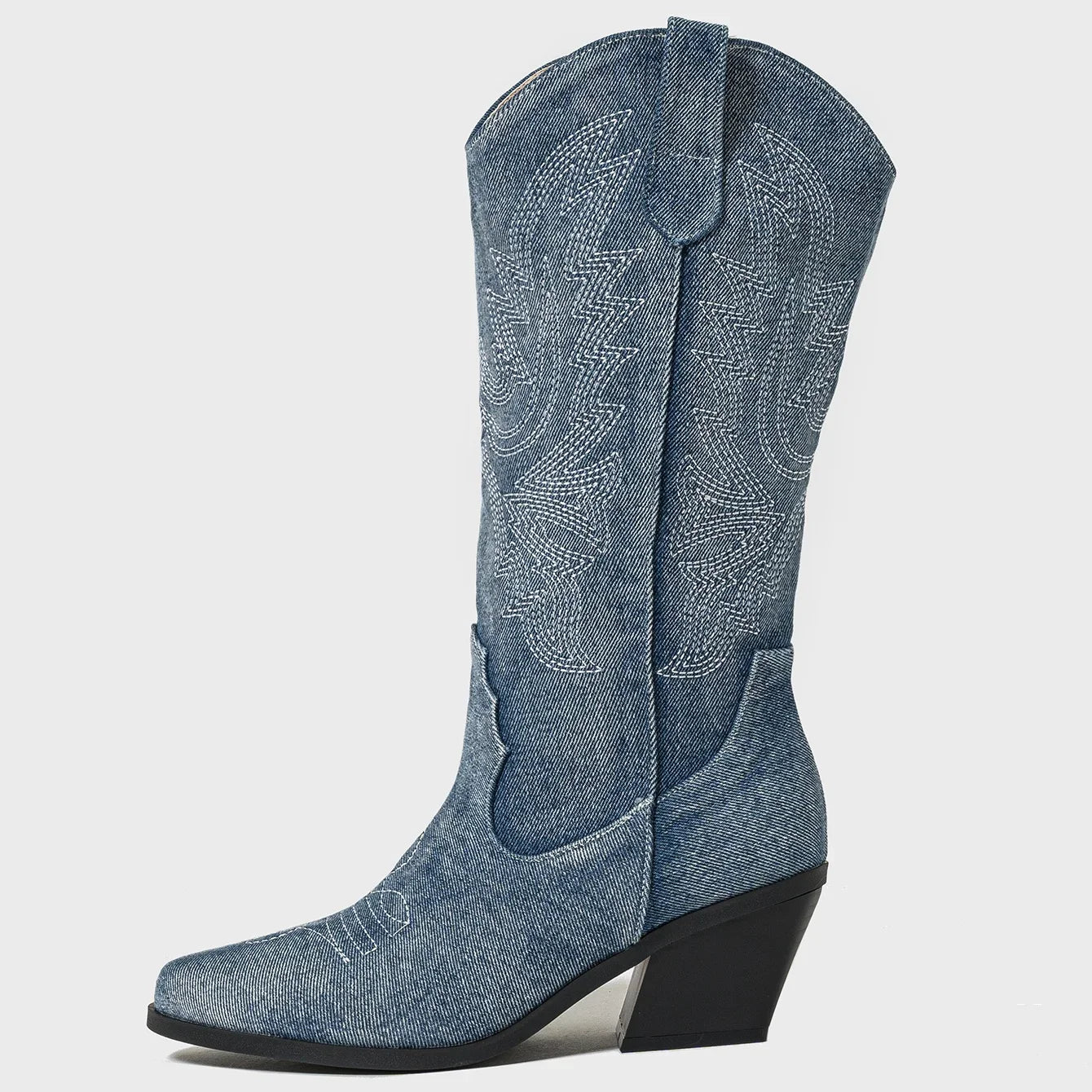 Bottes de cowboy brodées à bout pointu en denim bleu pour femmes 