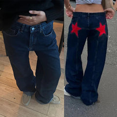 Pantalon en denim ample à jambe droite et à motif d'étoiles vintage pour femme