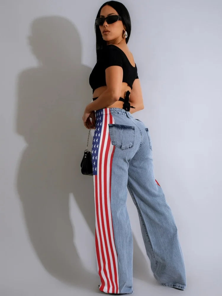 Casual Women’s Long Loose Denim Pants with Pockets and Stripes