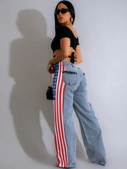 Pantalon en jean ample et long pour femme avec poches et rayures 