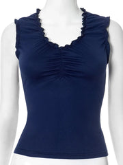 Haut court corset froncé à col en V bleu uni pour femme