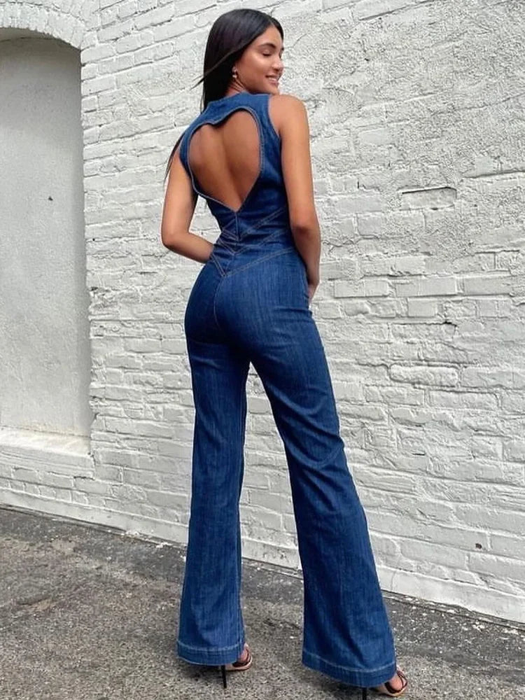 Backless Heart Cutout Denim Bodycon Jumpsuit for Women Casual Slim