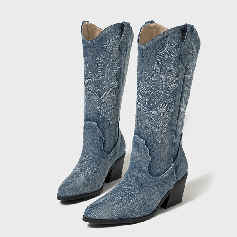 Bottes mi-mollet en denim brodé de style occidental pour femmes 