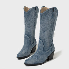 Western Style Embroidery Denim Mid Calf Boots for Women