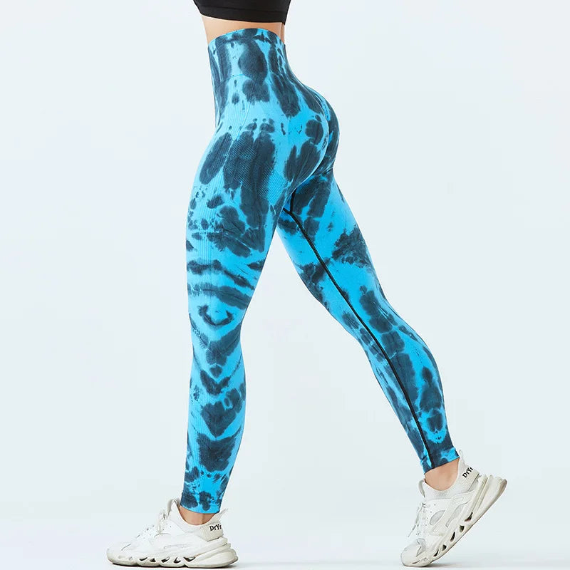 Pantalon de yoga taille haute sans coutures pour femmes, legging froissé avec imprimé tie-dye 