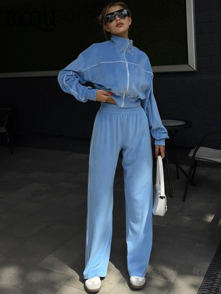 Women's Velvet Tracksuit Set with Lapel Sweatshirt and Wide Leg Pants