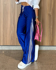 Striped Wide Leg Casual Sports Pants with Side Zipper and Drawstring