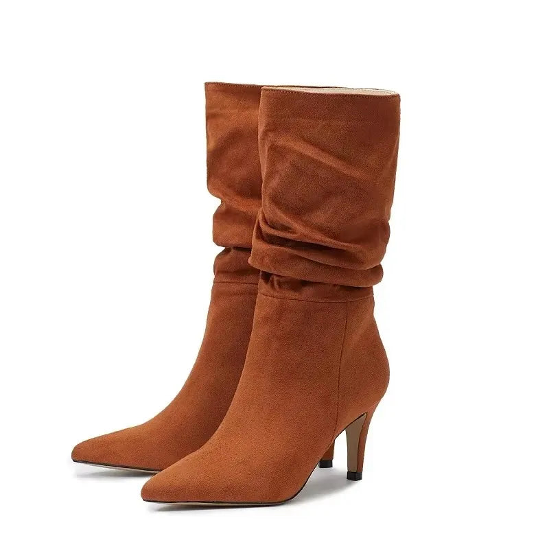 Vintage Pleated Pointed Toe Mid-Calf Ankle Boots for Women