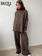 Women's Loose Warm Turtleneck Pullover and Wide Leg Pants Set