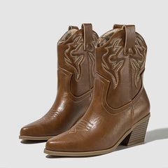 Bottines de cowboy style western pour femme, cuir brodé, noir et marron 