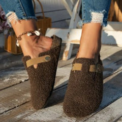 Women's Plush Fur Mules Slides with Buckle for Indoor Comfort