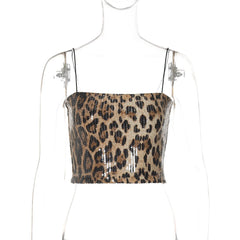 Leopard Print Sequins Sleeveless Tank Top for Night Club Wear