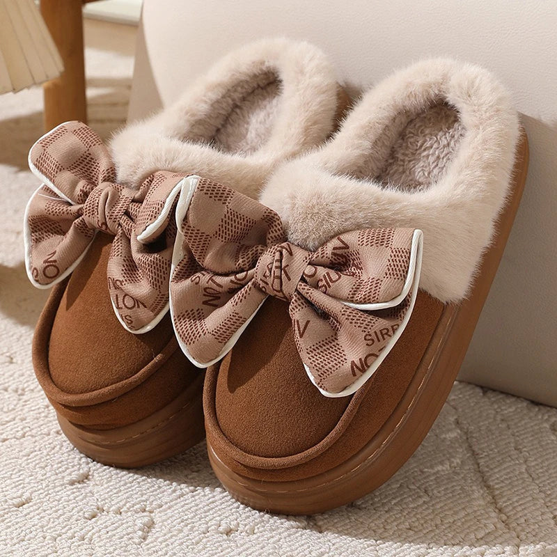 Chaussons en peluche pour femmes avec nœud mignon pour l'automne et l'hiver