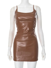 Women's Black Faux Leather Spaghetti Strap Sleeveless Dress