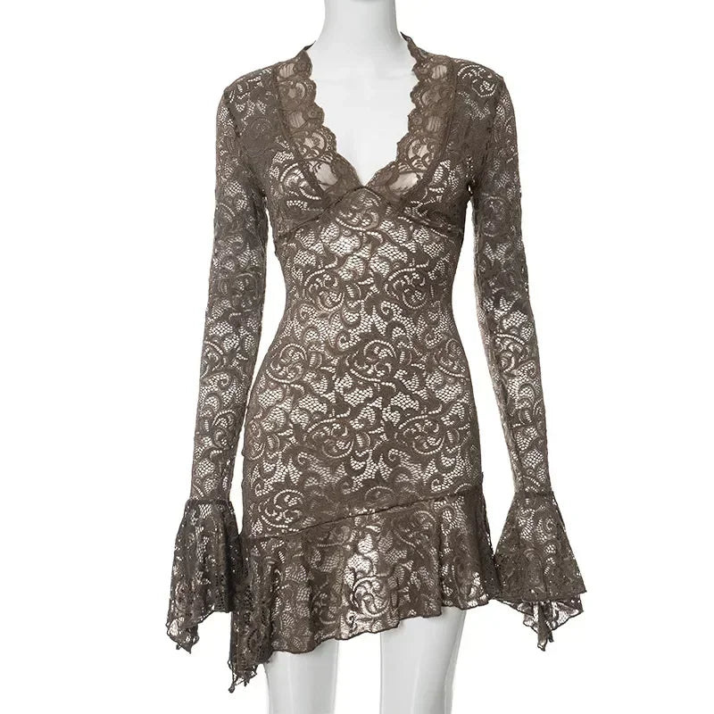 Women's V-Neck Lace Flare Sleeve Irregular Dress for Parties