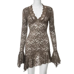 Women's V-Neck Lace Flare Sleeve Irregular Dress for Parties