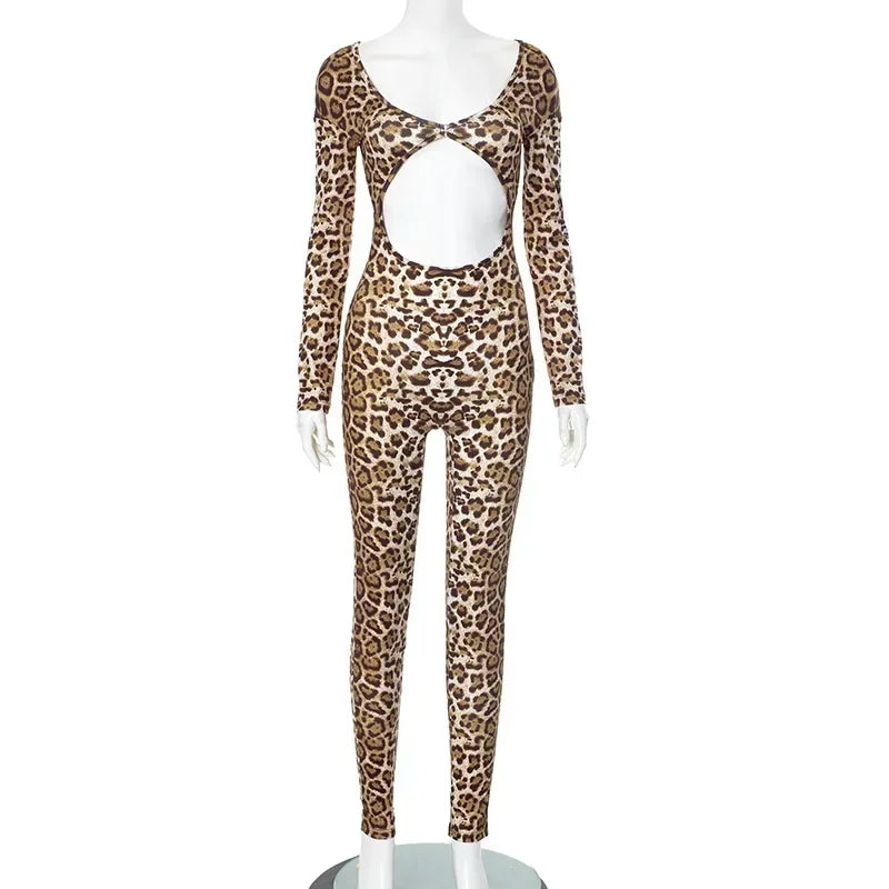 Leopard Print Women's Hollow Out V-Neck Full Sleeve Jumpsuit