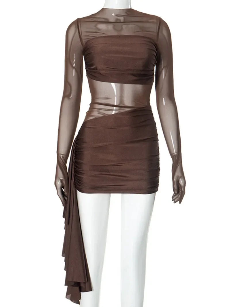 Women's Mesh Patchwork Bandage Long Sleeve Club Dress with Gloves