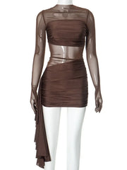Women's Mesh Patchwork Bandage Long Sleeve Club Dress with Gloves